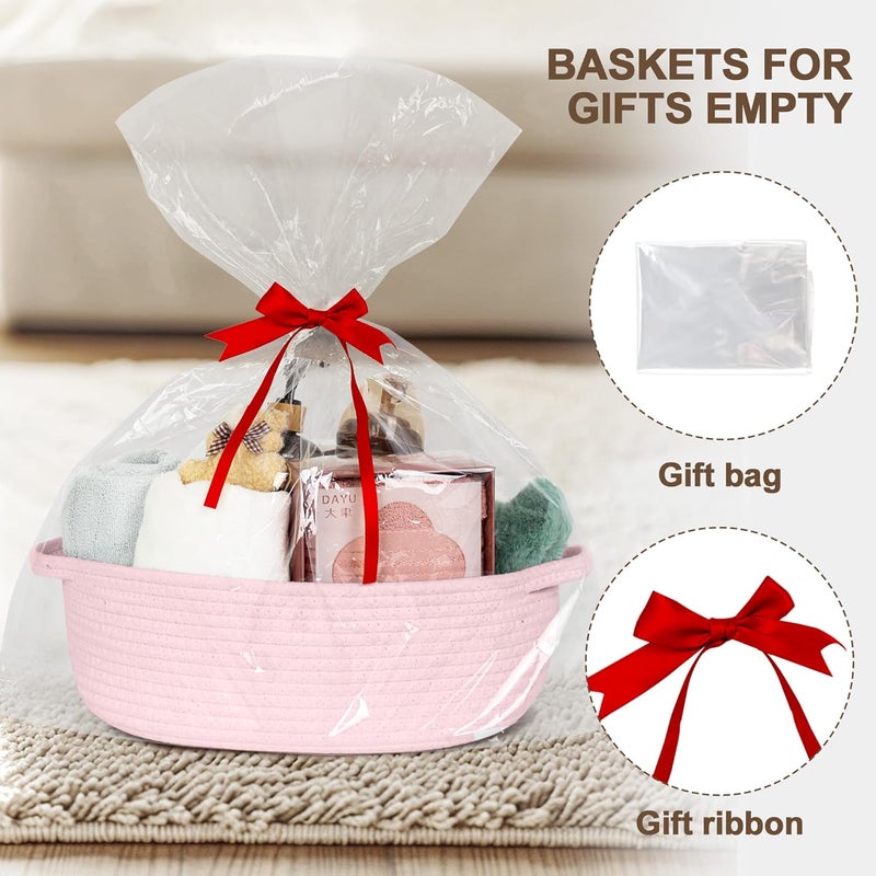 WILLITAT Small Baskets for Gifts Empty, 13"x 9"x 5" Woven Gift Basket with Bag and Ribbon, Cotton Rope Kids Dog Cat Toy Bin Box, Cute Baby Nursery Organizer, Decorative Storage with Handles (Pink) - Image 2